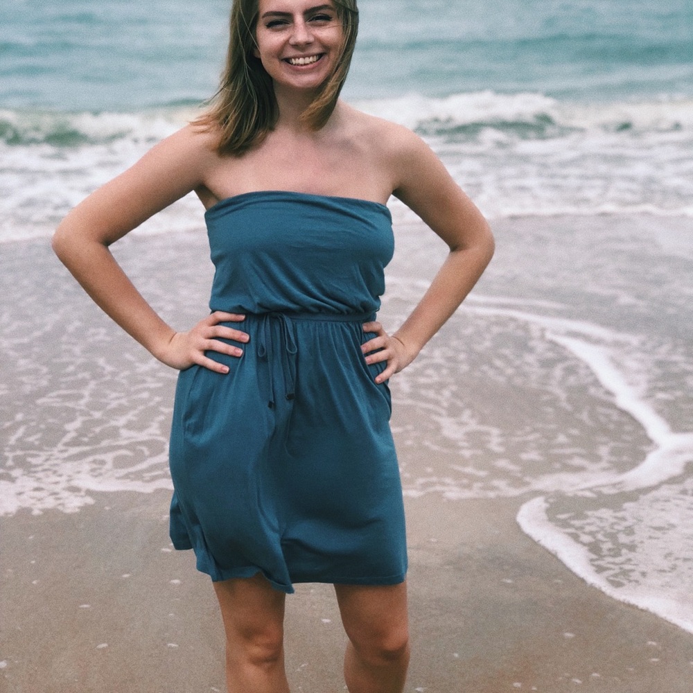 strapless blue dress